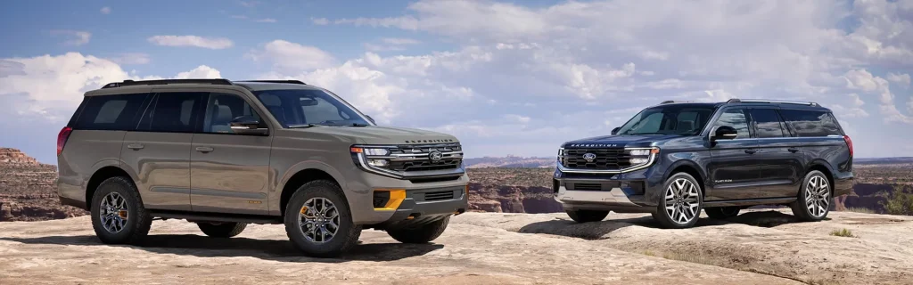 A Ford Expedition SUV in two different trims: one rugged and off-road ready, and the other luxurious, both on a rocky terrain.